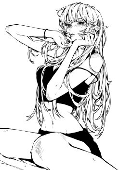 1girl bracelet breasts crop_top crying crying_with_eyes_open double-parted_bangs fingernails greyscale hands_up highres jewelry long_hair medium_breasts messy_hair monochrome original parted_lips sad simple_background sitting solo stomach sweat tank_top tears teeniika white_background