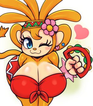 1girl ;3 amiga bare_shoulders blue_eyes body_blush breasts brown_hair cleavage colored_skin earrings flower flower_on_head hair_ornament heart highres huge_breasts jewelry leaning_forward mato_spectoru monkey monkey_girl monkey_tail one_eye_closed samba_de_amigo sega shiny_skin skirt smile sonic_(series) strapless tail wink