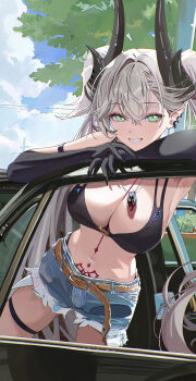 1girl absurdres auguste bare_shoulders belt bikini black_bikini black_hands blue_shorts body_markings breasts car cleavage colored_extremities commentary_request crossed_bangs demon_girl demon_horns denim denim_shorts ear_piercing fate/grand_order fate_(series) green_eyes grey_hair grin hair_between_eyes highres horns jewelry large_breasts lilith_(fate) long_hair looking_at_viewer motor_vehicle navel necklace pendant piercing pointy_ears revision short_shorts shorts smile solo stomach_tattoo swimsuit tattoo thigh_strap thighs twintails very_long_hair