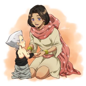 1boy 1girl age_regression aged_down bad_id bad_pixiv_id black_hair bracelet brown_hair child dark_skin dated earrings flattop gradient_background highres holding_hands jean_pierre_polnareff jewelry jojo_no_kimyou_na_bouken kamu_(simp3) kneeling malena_(jojo) open_mouth oversized_clothes purple_eyes scarf silver_hair stardust_crusaders