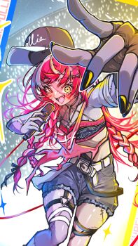 1girl alternate_costume alternate_hairstyle audience bandaged_arm bandages baseball_cap belt black_gloves black_nails bow bra braid braided_ponytail clothes_writing collarbone colored_skin colored_tongue commentary concert cowboy_shot cropped cropped_shirt crowd denim denim_shorts english_commentary fang fingerless_gloves floating_hat foreshortening gloves glowing glowing_eye glowstick green_gloves grey_skin hair_bow hat heterochromia highres holding holding_microphone hololive hololive_indonesia idol idol_clothes kghazir kureiji_ollie long_hair looking_at_viewer microphone mismatched_pupils multicolored_hair multicolored_skin music o-ring o-ring_bra open_mouth patchwork_skin penlight_(glowstick) pink_bra pink_hair pink_hat pink_shirt purple_tongue red_eyes red_hair shirt shorts singing single_braid single_glove smile solo solo_focus sparkle stage stitched_arm stitched_chest stitched_face stitched_leg stitches symbol-shaped_pupils thighs torn_clothes torn_shirt two-tone_skin underwear very_long_hair virtual_youtuber white_belt x-shaped_pupils yellow_eyes zombie