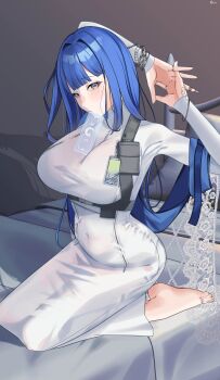 1girl absurdres arcana_(nikke) blue_hair blush breast_zipper breasts card dress goddess_of_victory:_nikke grey_eyes hair_ornament highres jewelry large_breasts long_hair long_sleeves looking_at_viewer noro_(akatuki_1110) silver_nails solo tarot tarot_card tight_clothes tight_dress turtleneck turtleneck_dress very_long_hair white_dress zipper_dress