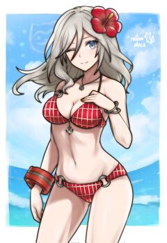 1girl ;) alisa_ilinichina_amiella bare_shoulders bikini blue_eyes bracelet breasts cleavage commentary cowboy_shot fire_emblem fire_emblem_engage flower god_eater god_eater_burst grey_hair hair_flower hair_ornament hand_on_own_chest highres jewelry long_hair looking_at_viewer medium_breasts multiple_bracelets navel necklace nintendo o-ring o-ring_bikini o-ring_bottom one_eye_closed red_bikini red_flower rotomdocs smile solo sommie_(fire_emblem) stomach swimsuit twitter_username