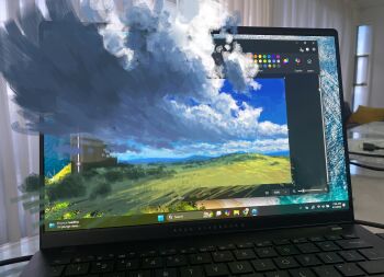 absurdres art_program_in_frame blue_sky christian_young cloud cloudy_sky commentary computer day english_commentary highres hill landscape laptop microsoft_paint_(medium) microsoft_paint_(software) microsoft_windows mountainous_horizon no_humans original outdoors painterly photo_(medium) scenery screencap sky sky_focus through_medium through_screen