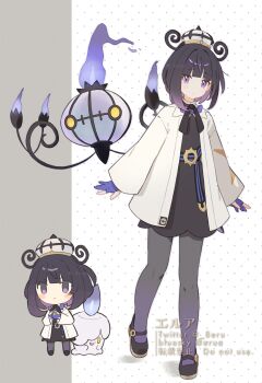 1girl belt black_dress black_hair blue_gloves blunt_bangs blush bob_cut candle chandelier chandelure chibi closed_mouth coat commentary_request dress erua_(_8eru) fire gen_5_pokemon gloves gradient_hair gradient_pantyhose gwynn_(pokemon) hat highres litwick long_sleeves looking_at_viewer mega_stone multicolored_hair nintendo o-ring o-ring_belt open_clothes open_coat open_mouth pants pantyhose partially_fingerless_gloves pokemon pokemon_(creature) pokemon_legends:_z-a purple_eyes purple_fire purple_hair short_hair smile two-tone_belt two-tone_pants white_coat yellow_eyes