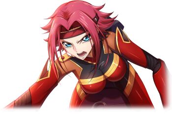1girl blue_eyes bodysuit breasts code_geass code_geass:_fukkatsu_no_lelouch code_geass:_lost_stories f4samurai knightmare_frame kouzuki_kallen large_breasts official_art open_mouth red_bodysuit red_hair short_hair simple_background solo teeth transparent_background