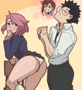 1boy 2girls ass ass_focus ayase_momo black_choker black_hair black_pants blush bow brown_hair chair choker dandadan earrings glasses hair_between_eyes highres implied_cheating_(relationship) jewelry long_sleeves mark_gavatino meme monk_temptation_(meme) multiple_girls on_chair own_hands_clasped own_hands_together panties pants pink_eyes pink_hair praying presenting presenting_ass red_bow redrawn round_eyewear school_uniform shiratori_aira_(dandadan) shirt short_hair skirt smile socks takakura_ken_(dandadan) teasing thong underwear upskirt white_panties white_shirt