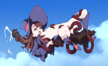 1girl blue_sky blush boots breasts broom broom_riding brown_hair clothes_lift cloud cloudy_sky commentary day dress dress_lift english_commentary hat highres kagari_atsuko little_witch_academia long_hair long_sleeves luna_nova_school_uniform lying navel nipples on_back open_mouth optionaltypo outdoors purple_boots purple_dress pussy red_eyes restrained school_uniform sky slime_(substance) small_breasts solo spread_legs tentacle_sex tentacles uncensored vaginal witch witch_hat