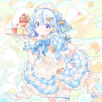 Rule 34 | 1girl, animal ears, apron, blue bow, blue bowtie, blue dress, blue hair, blue ribbon, blue wrist cuffs, blush, bow, bowtie, cake, cake slice, colored inner hair, commentary request, cookie, cream, dress, drinking straw, fake animal ears, food, frilled apron, frilled thigh strap, frills, fruit, glass, hair ornament, hair ribbon, hairclip, heart, highres, holding, holding tray, ice, ice cube, iriam, kinutani yutaka, maid headdress, miria (iriam), multicolored hair, official art, parfait, plaid clothes, plaid dress, plaid wrist cuffs, ribbon, signature, solo, star (symbol), strawberry, streaked hair, thigh strap, tray, two-tone hair, waist apron, white apron, white hair, wrist cuffs