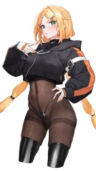 1girl absurdres black_boots black_hoodie black_panties black_survival blonde_hair bodystocking boots breasts closed_mouth cropped_hoodie cropped_legs eternal_return:_black_survival fingerless_gloves fingernails gloves green_eyes hair_ornament hairclip hand_on_own_hip hand_up highleg highleg_panties highres hood hoodie light_blush long_fingernails long_sleeves looking_at_viewer medium_breasts multi-tied_hair nail_polish nicky_blake orange_nails panties panties_under_bodystocking parted_bangs pout puffy_long_sleeves puffy_sleeves simple_background solo string_panties thigh_boots thighband_bodystocking tunamayo_(dsasd751) underwear white_background white_gloves