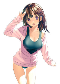 1girl :d arm_up bare_shoulders breasts brown_hair cleavage collarbone commentary_request gluteal_fold head_tilt hood hood_down hooded_jacket jacket koutaro long_hair long_sleeves looking_at_viewer medium_breasts off_shoulder open_clothes open_jacket open_mouth original pink_jacket purple_eyes school_swimsuit simple_background sleeves_past_wrists smile solo swimsuit white_background