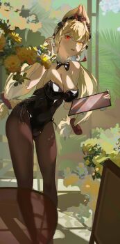 1girl absurdres alice_thymefield animal_ears bare_shoulders bigchaping black_leotard blonde_hair bow bowtie braid breasts cleavage detached_collar hair_between_eyes hair_ornament heterochromia highres holding holding_tablet_pc large_breasts leotard long_hair looking_at_viewer low_twintails pantyhose playboy_bunny rabbit_ears rabbit_girl rabbit_tail red_eyes solo sphere_hair_ornament strapless strapless_leotard tablet_pc tail twintails wrist_cuffs yellow_eyes zenless_zone_zero