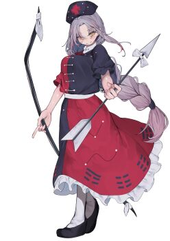 1girl arrow_(projectile) black_dress black_shoes bow bow_(weapon) braid breasts commentary_request constellation_print cross curtained_hair dress frilled_dress frills full_body grey_hair hair_tie hat highres holding holding_arrow holding_bow_(weapon) holding_weapon kararage_tsune large_breasts long_dress long_hair looking_at_viewer mandarin_collar nurse_cap puffy_short_sleeves puffy_sleeves red_cross red_dress shoes short_sleeves simple_background smile socks solo standing touhou trigram two-tone_dress very_long_hair weapon white_background white_bow white_socks yagokoro_eirin yellow_eyes