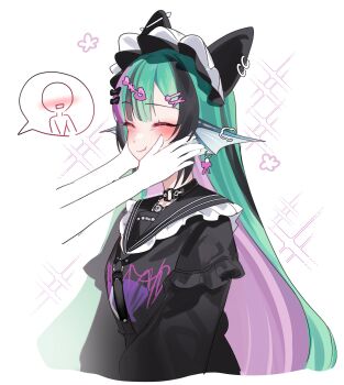 1girl 1other ^_^ absurdres artist_self-insert barbell_piercing black_bow black_choker black_hair black_shirt blunt_bangs blush bow bow_earrings chest_harness choker closed_eyes closed_mouth ear_piercing earrings faceless finana_ryugu finana_ryugu_(jirai_kei) fins fish_skeleton_hair_ornament frilled_headwear frilled_sailor_collar frills green_hair hair_bow hair_ornament hands_on_another's_cheeks hands_on_another's_face harness head_fins highres hoop_earrings industrial_piercing jewelry long_hair long_sleeves multicolored_hair nijisanji nijisanji_en nrnmarie o-ring o-ring_choker piercing print_shirt purple_hair sailor_collar shirt sidelocks smile sparkle spoken_character upper_body virtual_youtuber x_hair_ornament