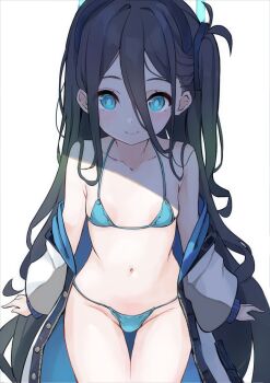 1girl alternate_costume aris_(blue_archive) bare_shoulders bikini black_hair blue_archive blue_bikini blue_eyes blue_halo breasts closed_mouth clothes_down commentary_request cowboy_shot groin hair_between_eyes halo highres jacket kenzuishi_(pixiv1071422) long_bangs long_hair looking_at_viewer micro_bikini navel open_clothes open_jacket shade simple_background small_breasts smile solo straight-on swimsuit tareme thigh_gap variant_set very_long_hair white_background white_jacket