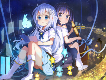 2girls absurdres bare_shoulders black_hair blue_eyes blue_hair blue_ribbon blue_skirt blush braid child commentary_request constellation fuiba_fuyu gochuumon_wa_usagi_desu_ka? hair_ornament highres holding kafuu_chino knees_up lantern layered_skirt lepus_(constellation) long_hair meteor_shower multiple_girls name_connection night no_shoes object_namesake off_shoulder parted_lips pleated_skirt rabbit ribbon sailor_collar shirt short_sleeves skirt sky small_stellated_dodecahedron smile socks spyglass star_(sky) star_(symbol) starry_sky stick_jitb train very_long_hair white_sailor_collar white_shirt white_socks x_hair_ornament
