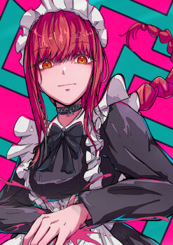 1girl :| absurdres alternate_costume apron black_bow black_bowtie black_choker bow bowtie braid braided_ponytail breasts chainsaw_man choker closed_mouth commentary_request enmaided highres karan_koron100 long_hair long_sleeves looking_at_viewer maid maid_apron maid_headdress makima_(chainsaw_man) medium_breasts orange_eyes red_hair ringed_eyes sidelocks solo upper_body white_apron