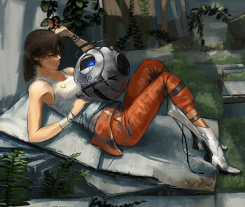 1girl bandages bare_shoulders boots brown_hair chell clothes_writing closed_eyes grass jumpsuit long_hair lying on_back personality_core ponytail portal portal_(series) portal_1 portal_2 sage_(mami1210) valve wheatley
