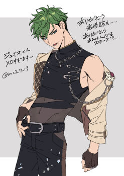 1boy belt belt_buckle black_belt blue_eyes brown_gloves buckle chain clenched_hand commentary_request cowboy_shot ensemble_stars! fingerless_gloves gloves green_hair grey_background highres himishiro jacket jacket_partially_removed jewelry kojika_juis layered_clothes lower_teeth_only male_focus navel necklace open_clothes open_jacket open_mouth safety_pin short_hair sideways_glance simple_background solo teeth three-quarter_sleeves translation_request twitter_username two-tone_background very_short_hair white_background
