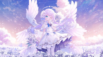 1girl absurdres angel_wings aqua_eyes blue_archive blue_bow blush bouquet bow buttons capelet closed_mouth cloud cloudy_sky commentary_request commission cosplay crescent double-breasted dress feathered_wings flower gold_trim hair_flower hair_ornament highres holding holding_bouquet index_finger_raised long_hair looking_at_viewer maimai_(game) mika_(blue_archive) mika_(blue_archive)_(cosplay) multiple_wings one_eye_closed pink_hair qingye_tuanzi sky smile solo very_long_hair white_capelet white_dress white_flower white_overskirt white_wings wing_ornament wings yurisaki_mika_(maimai)