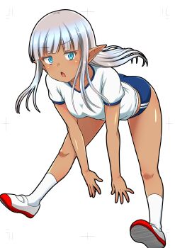 1girl :o absurdres blue_buruma blue_eyes blunt_bangs breasts buruma commentary dark-skinned_female dark_elf dark_skin elf floating_hair grey_hair gym_shirt gym_uniform highres jumping karla_(kono_healer_mendokusai) kono_healer_mendokusai long_hair looking_at_viewer official_art open_mouth pointy_ears shirt shoes short_sleeves simple_background small_breasts socks solo symbol-only_commentary tannen_ni_hakkou uwabaki white_background white_shirt white_shoes white_socks