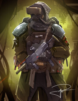 1boy armor army bulletproof_vest chest_rig foregrip gun h&amp;k_mp7 highres laser_sight military military_operator optical_sight original science_fiction soldier submachine_gun suppressor user_interface war weapon