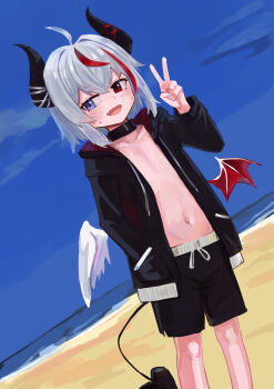 1girl absurdres beach demon_horns flat_chest heterochromia highres horns male_swimwear male_swimwear_challenge multicolored_hair navel ok1teru open_clothes outdoors phase_connect red_eyes remilia_nephys remilia_nephys_(remi_2.0) solo streaked_hair tail v virtual_youtuber wings