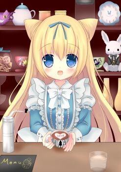 1girl :d alice's_adventures_in_wonderland alice_(alice_in_wonderland) alice_(alice_in_wonderland)_(cosplay) analog_clock apron back_bow blonde_hair blue_bow blue_dress blue_eyes blush bow bowtie buttons cheshire_cat_(alice_in_wonderland) clock collared_dress commentary_request cone_hair_bun contrast_collar cookie cosplay cup double_bun dress drinking_glass eat_me food hair_bow hair_bun hane. heart heart_button holding holding_cup jar long_hair long_sleeves looking_at_viewer maid_apron menu open_mouth original ribbon-trimmed_sleeves ribbon_trim shelf smile solo stuffed_animal stuffed_rabbit stuffed_toy tea teacup teapot top_of_moe_2016 vase very_long_hair waitress white_apron white_bow white_bowtie