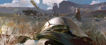 6+boys after_battle arrow_(projectile) battlefield bow_(weapon) cape combat_helmet day death fantasy furry furry_male grass helmet highres holding holding_bow_(weapon) holding_weapon hood hooded_cape landscape military military_vehicle motor_vehicle multiple_boys original outdoors planted planted_arrow rock scenery standing su_jian weapon