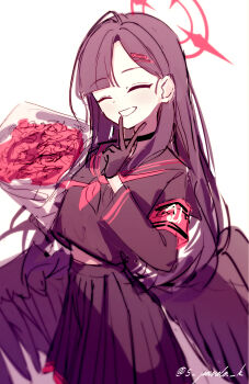 1girl :d absurdres armband black_choker black_gloves black_serafuku black_wings blue_archive bouquet choker closed_mouth commentary english_commentary feathered_wings flower gloves hair_ornament hairclip halo highres holding holding_bouquet ichika_(blue_archive) long_hair low_wings neckerchief open_mouth pleated_skirt red_armband red_flower red_halo red_neckerchief red_rose rose s_panda_k school_uniform serafuku skirt smile solo teeth v white_background wings