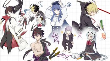 Rule 34 | 2girls, 3boys, absurdres, ahoge, albino, bag, beret, black hair, black skin, blonde hair, blue eyes, blue hair, bow, byakuya (under night in-birth), carrot, colored skin, dress, forehead jewel, frilled dress, frills, gakuran, grey hair, grid background, hair tubes, hairband, hat, highres, holding, huge ahoge, kido hyde, kuon (under night in-birth), long hair, low twintails, multicolored hair, multicolored skin, multiple boys, multiple girls, musical note, necktie, neon trim, official alternate costume, open mouth, orie ballardiae harada, pants, qitoli, rabbit, red eyes, red hair, robot ears, school uniform, shopping bag, short hair, silk, smile, spider web, spoken musical note, spring onion, sword, throwing, twintails, two-tone hair, under night in-birth, under night in-birth 2 sys:celes, vatista (under night in-birth), very long hair, weapon, white hair