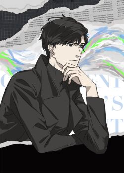 1boy black_coat black_hair coat elbow_rest grid_background gryregeneration hand_on_own_chin looking_to_the_side male_focus omniscient_reader&#039;s_viewpoint open_clothes open_coat popped_collar serious short_hair solo through_medium torn_paper upper_body yoo_joonghyuk