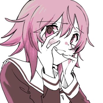 1girl brown_shirt chaos;child crazy dot_nose fingernails furrowed_brow grin hands_on_own_face light_blush long_sleeves medium_hair neckerchief no+bi= onoe_serika pink_eyes pink_hair sailor_collar school_uniform science_adventure shirt simple_background smile solo upper_body white_background white_neckerchief white_sailor_collar