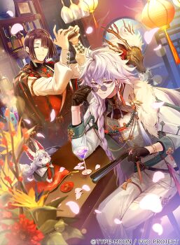 Rule 34 | black hair, chair, closed eyes, cocktail, copyright request, demon boy, earrings, fate/grand order, fate (series), fou (fate), glasses, gloves, jewelry, lamp, long hair, matori (penguin batake), merlin (fate), official art, original, purple eyes, purple hair, ring, short hair, taigong wang (fate), tavern, white hair