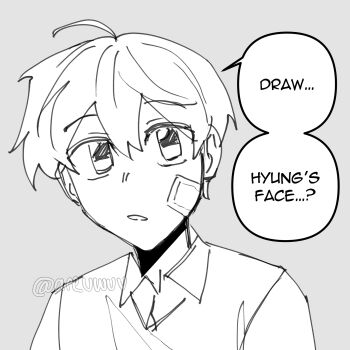 1boy areuwuu bandage_on_face bandages coat english_text hair_between_eyes head_tilt highres kim_dokja monochrome necktie oldest_dream omniscient_reader&#039;s_viewpoint portrait secretive_plotter shirt short_hair solo t-shirt vest yoo_joonghyuk