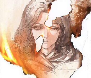 1girl burning burning_paper elden_ring greyscale highres looking_at_viewer medium_hair melina_(elden_ring) monochrome one_eye_closed paper parted_lips portrait solo tutou_jiang