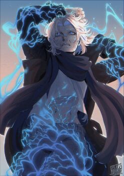 Rule 34 | 1boy, absurdres, blackberreh-art, blue eyes, coat, denim, design speculation, electricity, eyelashes, gradient background, highres, jeans, lightning, male focus, michael crew, midriff, navel, pants, parted lips, scar, scarf, shirt, short hair, solo, the magnus archives, white hair