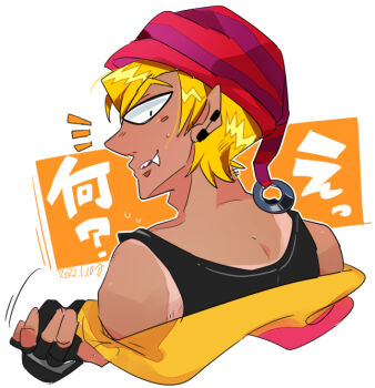 1boy ^^^ bare_shoulders black_tank_top blonde_hair commentary_request earrings fangs fingerless_gloves from_behind glasses gloves gregory_horror_show hands_up hat hat_ring humanization jewelry looking_at_viewer looking_back male_focus pink_hat pointy_ears pulling_own_clothes purple_hat smile solo striped_hat sweat tan tank_top tanline translation_request two-tone_hat two-tone_sweater uno_uno