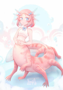 :c axolotl axolotl_girl blue_eyes body_freckles bow bubble centauroid colored_skin dated finger_touching fins freckles hair_bow highres iimia monster_girl multiple_legs original pastel_colors pink_hair red_eyes signature solo star_(symbol) striped_skin taur webbed_feet webbed_hands worried
