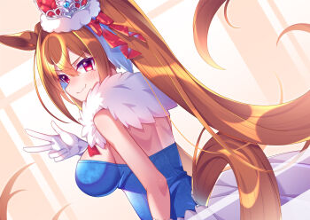 1girl animal_ears blue_shirt blue_skirt blush breasts brown_hair closed_mouth crown daiwa_scarlet_(umamusume) ear_covers ear_through_crown fang gloves hair_between_eyes hair_intakes horse_ears horse_girl horse_tail large_breasts long_hair looking_at_viewer mate_(oktavia1121) red_eyes shirt single_ear_cover skin_fang skirt solo strapless strapless_shirt tail twintails umamusume very_long_hair w white_gloves