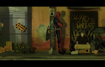 2boys alley beard black_cat bodysuit box brown_hair cardboard_box cat chain-link_fence closed_mouth commentary crossed_arms deadpool deadpool_&amp;_wolverine deadpool_(series) english_commentary english_text facial_hair fence for_adoption full_body gloves graffiti hugging_own_legs in_box in_container jacket long_sleeves looking_at_another male_focus marvel multicolored_bodysuit multiple_boys orange_cat outdoors pants red_bodysuit red_mask shadow shirt short_hair standing superhero_costume tabby_cat trash_can two-tone_bodysuit wc2dh4ll white_cat wolverine_(x-men) x-men yaoi