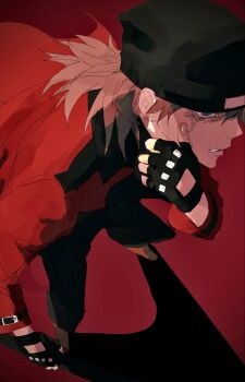Rule 34 | 1boy, aakaaka78910, aragaki shinjirou, arm up, beanie, black hat, black pants, blue eyes, brown hair, clothing cutout, coat, glove cutout, gloves, hat, highres, male focus, medium hair, pants, parted lips, persona, persona 3, red background, red coat, shadow, shoes, simple background, standing, wiping face