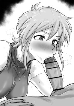 1boy 1girl :&gt;= absurdres allenby_beardsley bar_censor bare_arms blush bodysuit breasts censored commentary_request erection fellatio g_gundam gloves greyscale gundam hand_on_another&#039;s_leg hetero highres jewelry kaiman_garupan large_breasts monochrome necklace nose_blush oral penis short_hair sidelocks sleeveless sleeveless_bodysuit sweat white_background