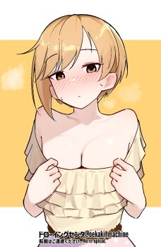aiba_yumi artist_name blonde_hair blush breasts cleavage collarbone commentary_request ear_blush highres idolmaster idolmaster_cinderella_girls looking_at_viewer nose_blush oekaki_machine off-shoulder_shirt off_shoulder shirt short_hair simple_background sweat twitter_username upper_body yellow_background yellow_shirt
