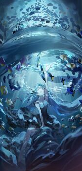 1girl absurdly_long_hair absurdres air_bubble arm_up armpit_crease artist_name bare_arms bare_legs barefoot black_dress black_ribbon blue_hair breasts bubble cleavage commentary_request dress fish frilled_dress frills full_body hair_ribbon hatsune_miku head_back highres im909_im light_rays long_hair looking_up medium_breasts open_mouth outstretched_arm reaching ribbon shinkai_shoujo_(vocaloid) sitting sleeveless sleeveless_dress solo twintails twisted_torso twitter_username underwater very_long_hair vocaloid water