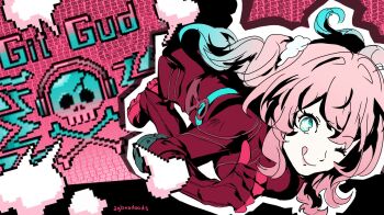 1girl ;q aqua_eyes aqua_hair bodysuit commentary english_commentary highres honkai:_star_rail honkai_(series) hyacine_(honkai:_star_rail) hyastelle long_hair looking_at_viewer one_eye_closed oracle_(persona_5) parody persona persona_5 pink_hair pink_lips red_bodysuit red_shoes sakura_futaba shoes solo thumbs_up tongue tongue_out