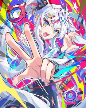 1girl bakeneko1212 black_skirt colorful commentary hair_ornament highres long_hair long_sleeves looking_at_viewer open_mouth original school_uniform serafuku shirt skirt solo symbol-only_commentary twintails upper_body white_hair white_shirt