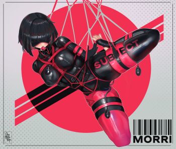 1girl absurdres arms_behind_back bdsm black_bodysuit black_mask bodysuit bondage bound breast_bondage breasts feet gag gagged gimp_suit highres large_breasts latex latex_bodysuit mask onemoreray original pump rope sex_toy shibari shiny_clothes short_hair solo_focus spread_legs stirrup_legwear suspension toeless_legwear