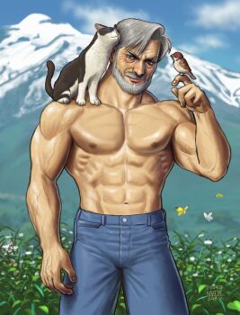 1boy animal animal_on_shoulder beard bird bird_on_hand bug butterfly cat cat_on_shoulder cowboy_shot denim eurasian_tree_sparrow facial_hair grey_hair highres insect jeans male_focus matataku mountainous_horizon muscular muscular_male mustache nipples nuzzle old old_man original outdoors pants pectorals sparrow surprised_cat_(matataku) topless_male veins veiny_arms