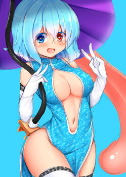 Rule 34 | 1girl, alternate costume, blue background, blue eyes, blue hair, breasts, china dress, chinese clothes, cleavage, cowboy shot, daichi (tokoya), double v, dress, elbow gloves, female focus, gloves, hands up, heterochromia, highres, holding, holding umbrella, looking at viewer, medium breasts, navel, red eyes, simple background, sketch, sleeveless, sleeveless dress, smile, solo, tatara kogasa, thighhighs, tongue, touhou, umbrella, v, white gloves, white thighhighs, wide hips